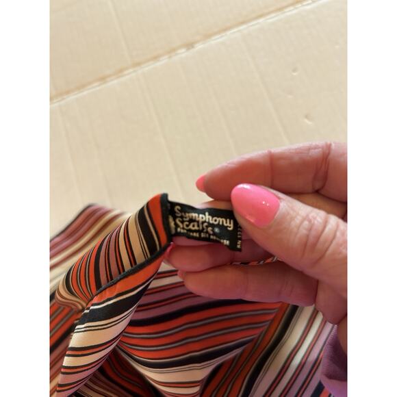 Vtg Symphony Striped 20” Square Scarf Black Tan Red Rolled Hem MCM 1960s USA - Picture 5 of 8